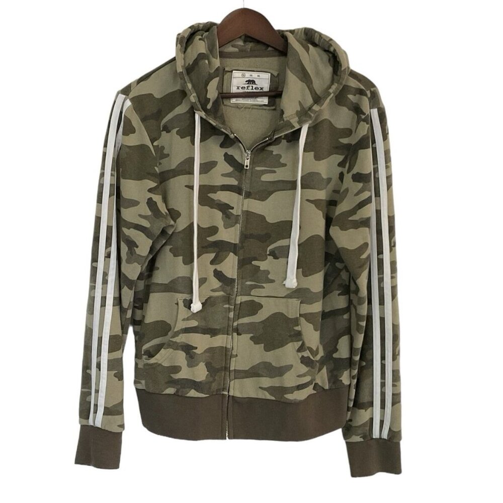 Reflex Army Green Camo Zip Front Drawstring Hoodie Sweatshirt Pockets Small